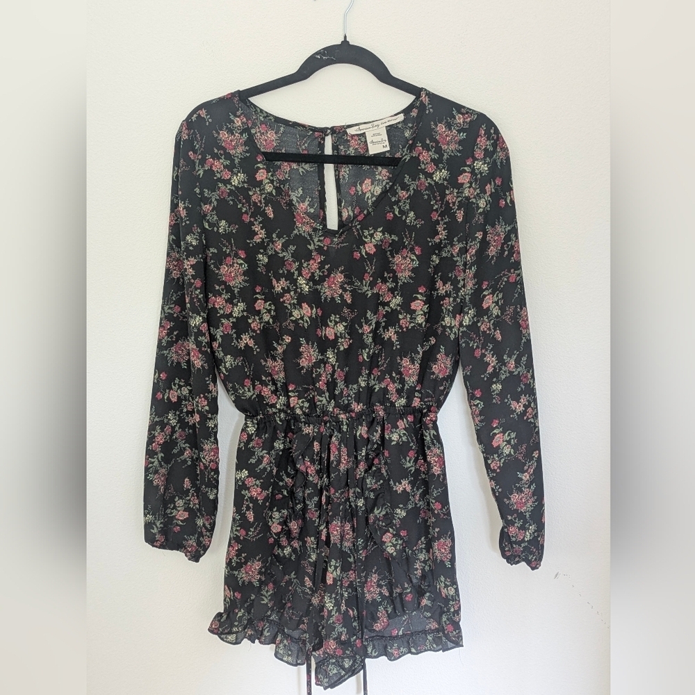 American Rag black floral print long sleeve drawstring waist romper size M EUC